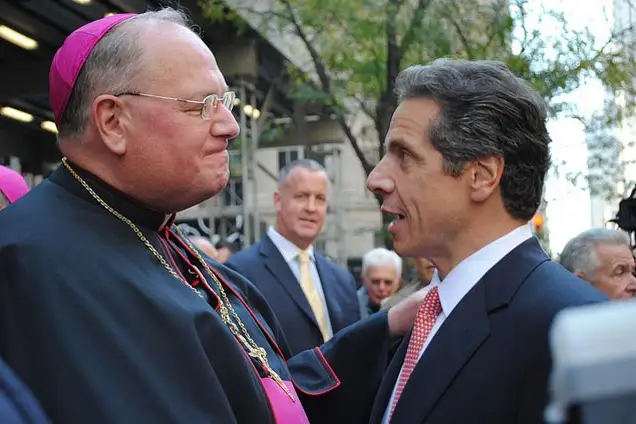 Archbishop Timothy Dolan and Democratic gubernatorial candidate Attorney General Andrew Cuomo chat during the Columbus Day Parade